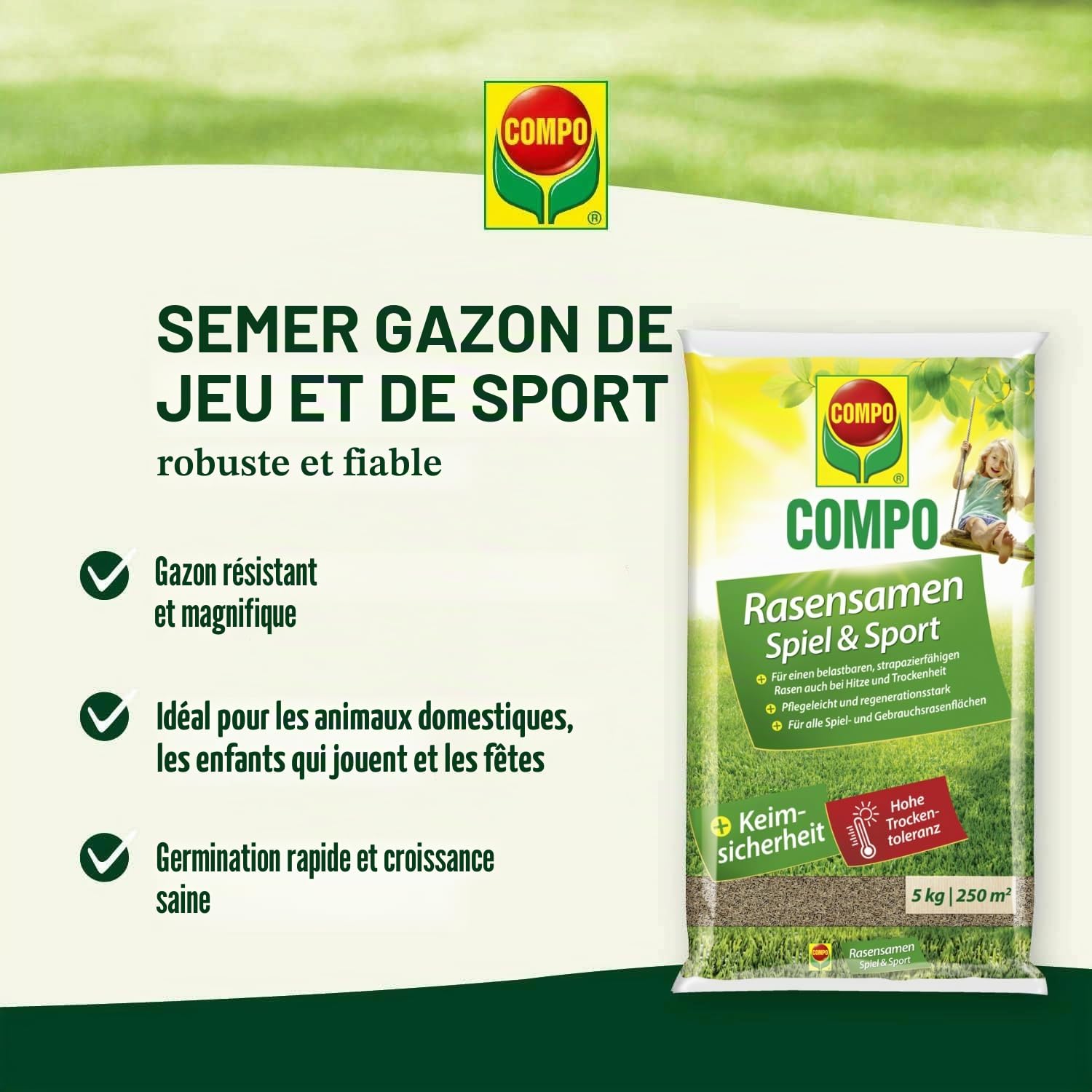Compo Jeu et sport - Mélange universel de gazon - 5 kg - 250 m²