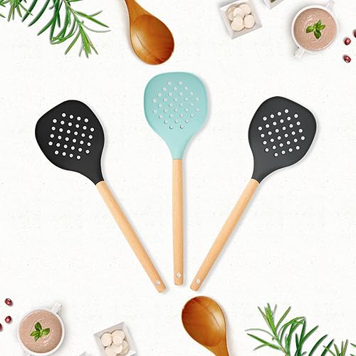 Miniatura 6 de Cucharón de cocina, cuchara ranurada de cabeza cuadrada grande con desnatadores de cocina antiadherentes de alta resistencia al calor, sin BPA, para