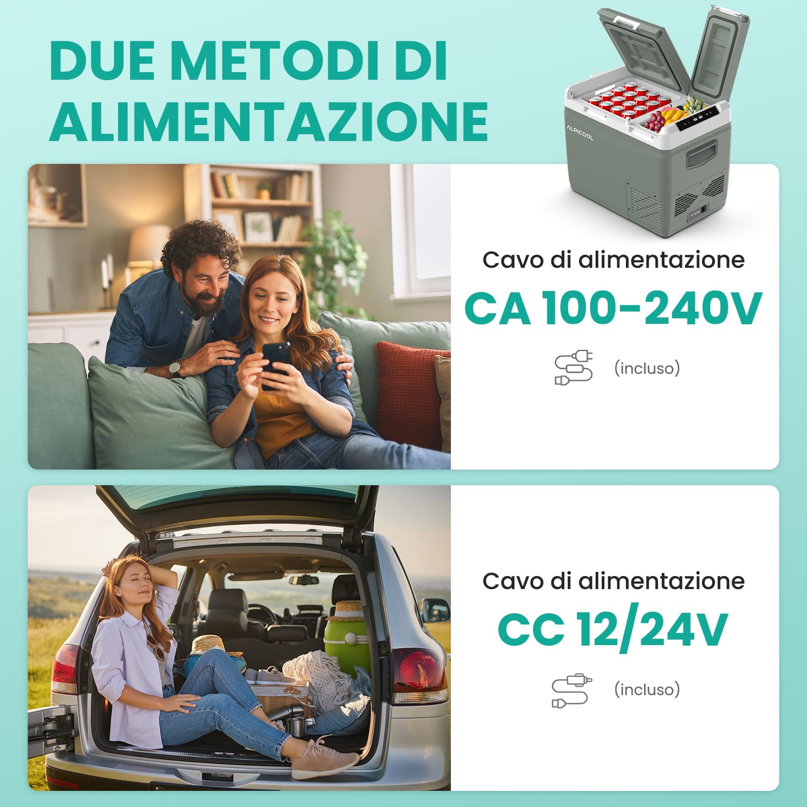 Alpicool KLS48 Frigoriferi per Auto 39L con APP, 2026 Doppia Zona Frigorifero Portatile Elettrico 12/24V DC 100~240V AC,-20℃-20 ℃,Frigo Portatile per Camion Barca Picnic,con Scomparto Ghiaccio,Verde