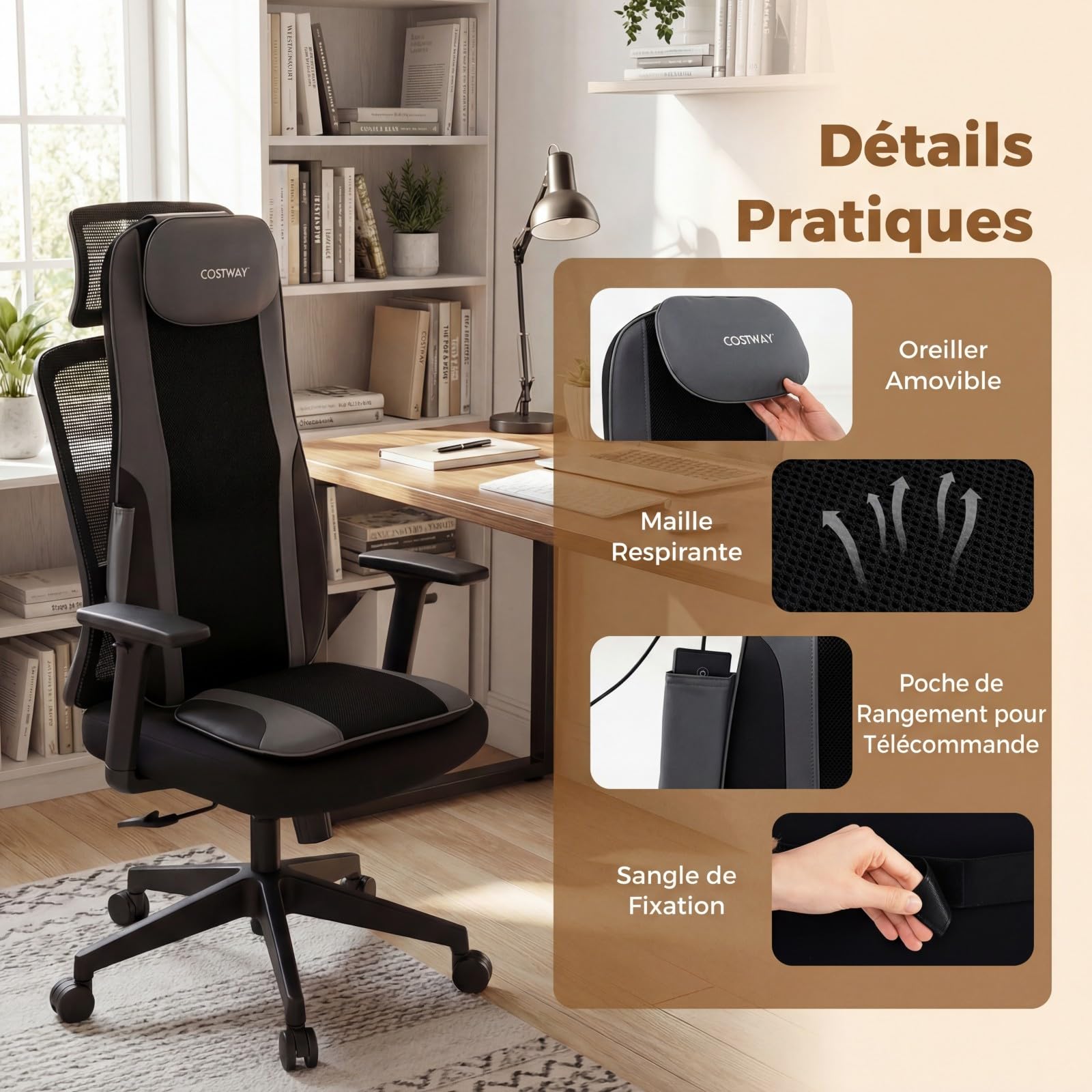 COSTWAY Coussin de Massage Shiatsu avec Chauffage, Masseur de Dos pour Chaise avec 4 Nœuds de Pétrissage 2 Moteurs Vibrants pour Soulagement des Douleurs Musculaires, Masseur 3D Cou et Dos