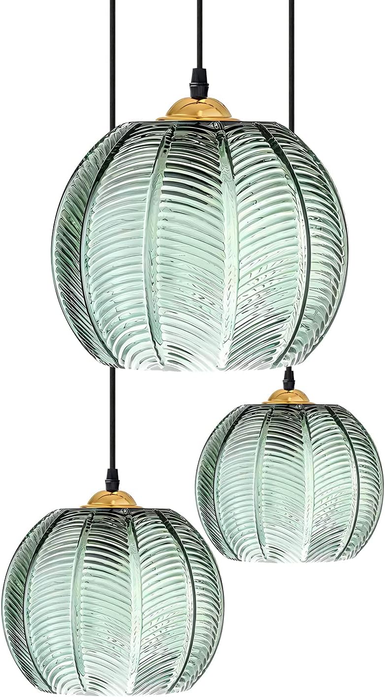 KCO Lighting 3-Light Modern Green Striped Glass Pendant Light Nordic Ribbed Glass Chandelier Pendant Light Green Pumpkin Pendant Light Mid-Century Black Cluster Pendant Light Kitchen Island Green 3-Light