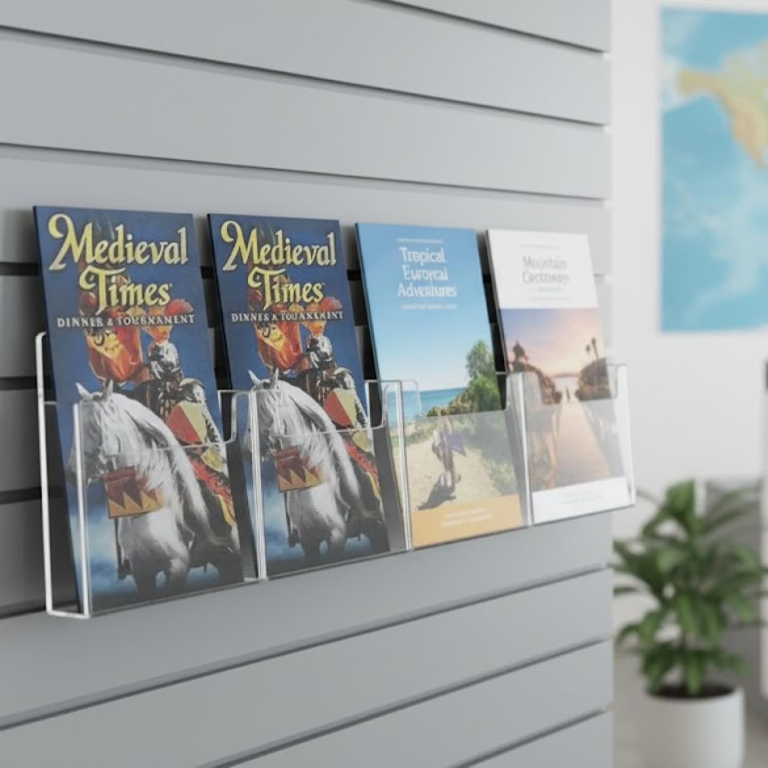 Marketing Holders Slatwall Trifold Holder Holds 4" Brochures 4 Pocket Horizontal Maps Menus and Printed Graphics Hanging Organizing System for Slot Walls