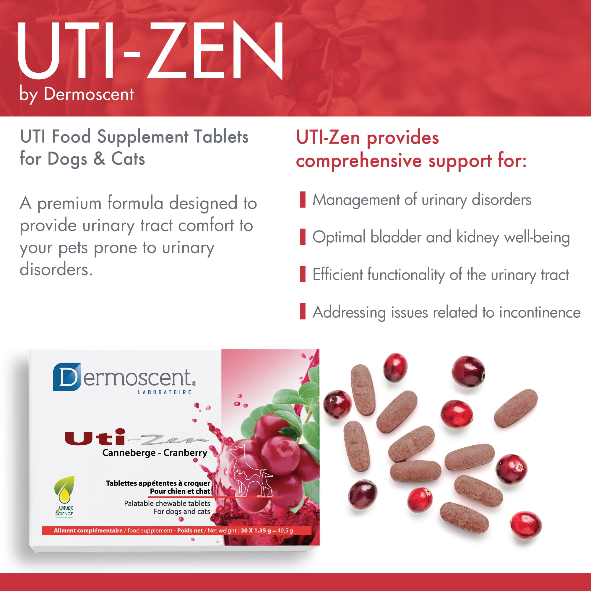 UTI-Zen Canneberge pour Chiens & Chats | Tablettes Appétentes à Croquer | Complément Alimentaire Naturel | 30 x 1,35 g | Dermoscent