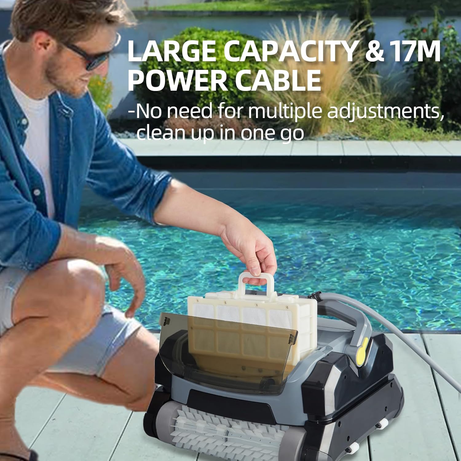 PioneerWorks Robotic Pool Vacuum Cleaner 130W, Waterliner Clean, Wall Climbing Capability, w/Top Load Filters, Wall Climbing Scrubber Brush for Above/In-Ground Pools Up to 50FT in Length, Grey