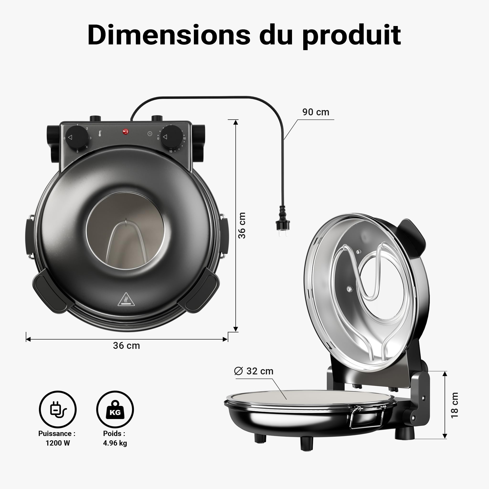 Wiltec Mini four à pizza avec plaque en pierre céramique – 360 x 360 x 180 mm – 400 °C max. – avec Plaque en pierre céramique Ø 32 mm, Fenêtre de visualisation, 2 Éléments chauffants et Minuterie