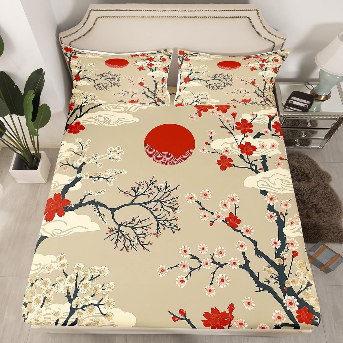 Drap Housse 180x200 cm Fleurs de Cerisier Japonais, 3D Japon Drap-Housse en Microfibre, Drap Plat 2 Personnes avec 2 Taie d'oreillers pour Matelas Épais C.L1869