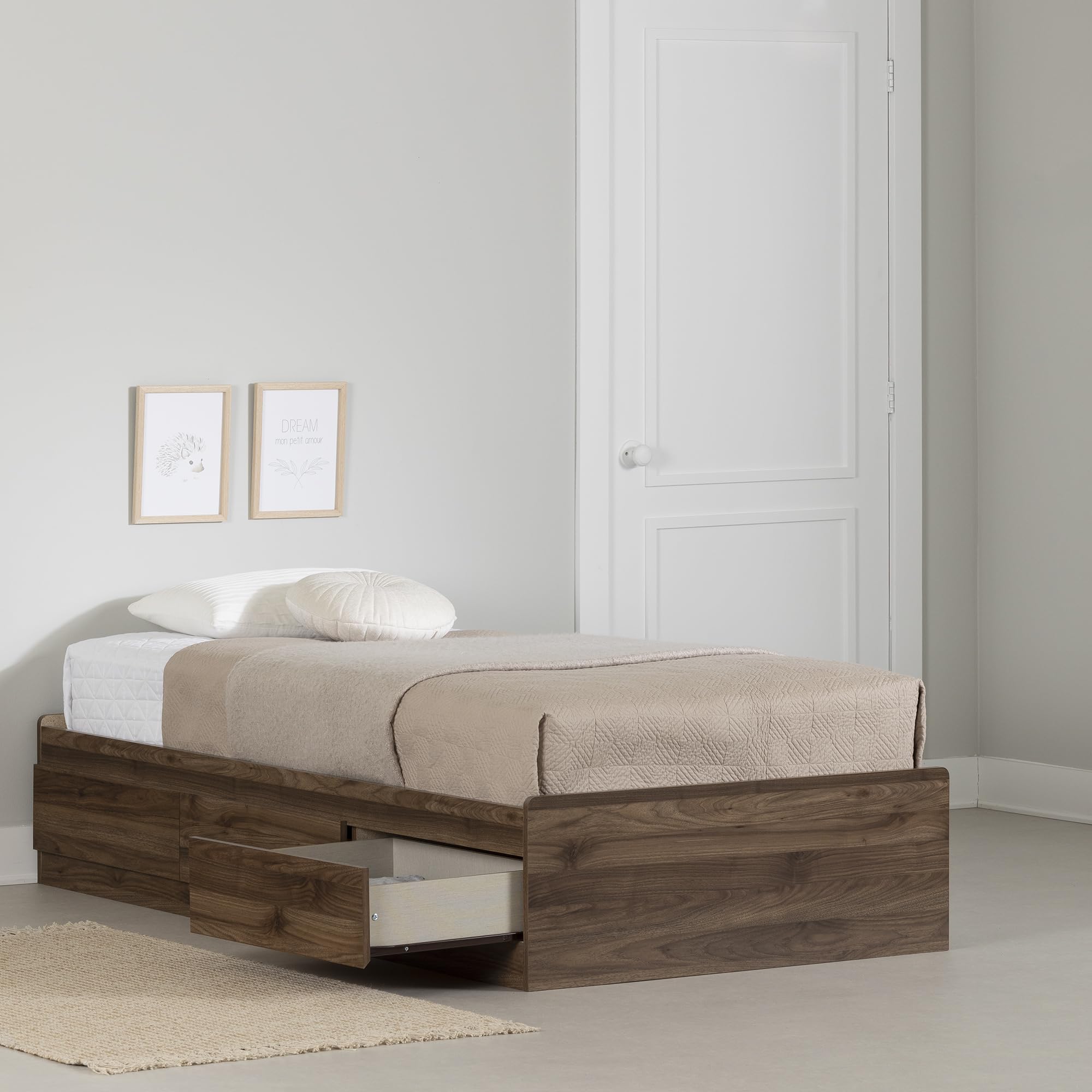 South Shore Furniture Yodi Mates Bed with 3 Drawers, Twin, Natural Walnut