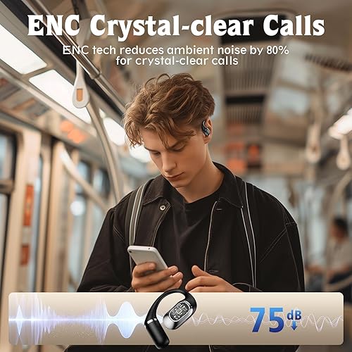 Miniatura 6 de Auriculares de oreja abierta, auriculares sobre la oreja con gancho ergonómico para la oreja, auriculares Bluetooth 5.4 con pantalla digital