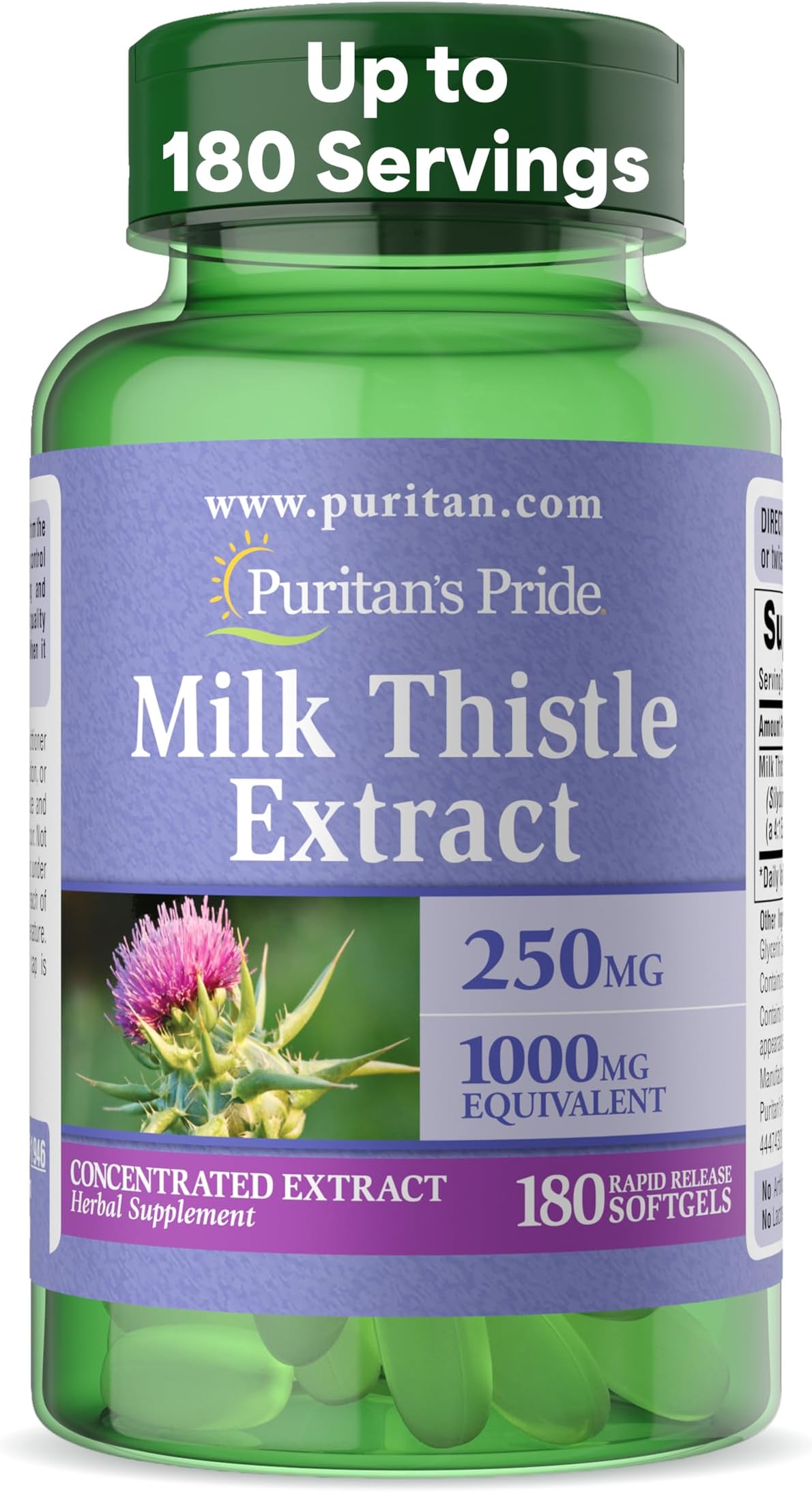 Puritan's Pride Milk Thistle Extract, 1000 mg, 180 Rapid Release Softgels