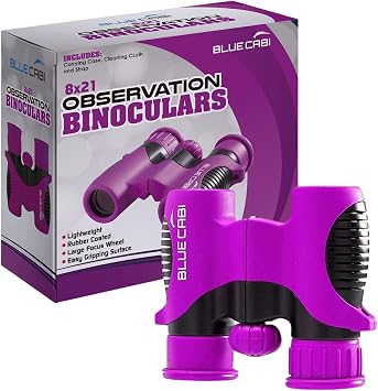 8x21 Kids Binoculars Compact, Durable and Lightweight with Magnification up to 8X with Rubber Coating and Anti-Slip Texture Includes Neck Strap, Wipe Cloth & Carry Case Purple/Black