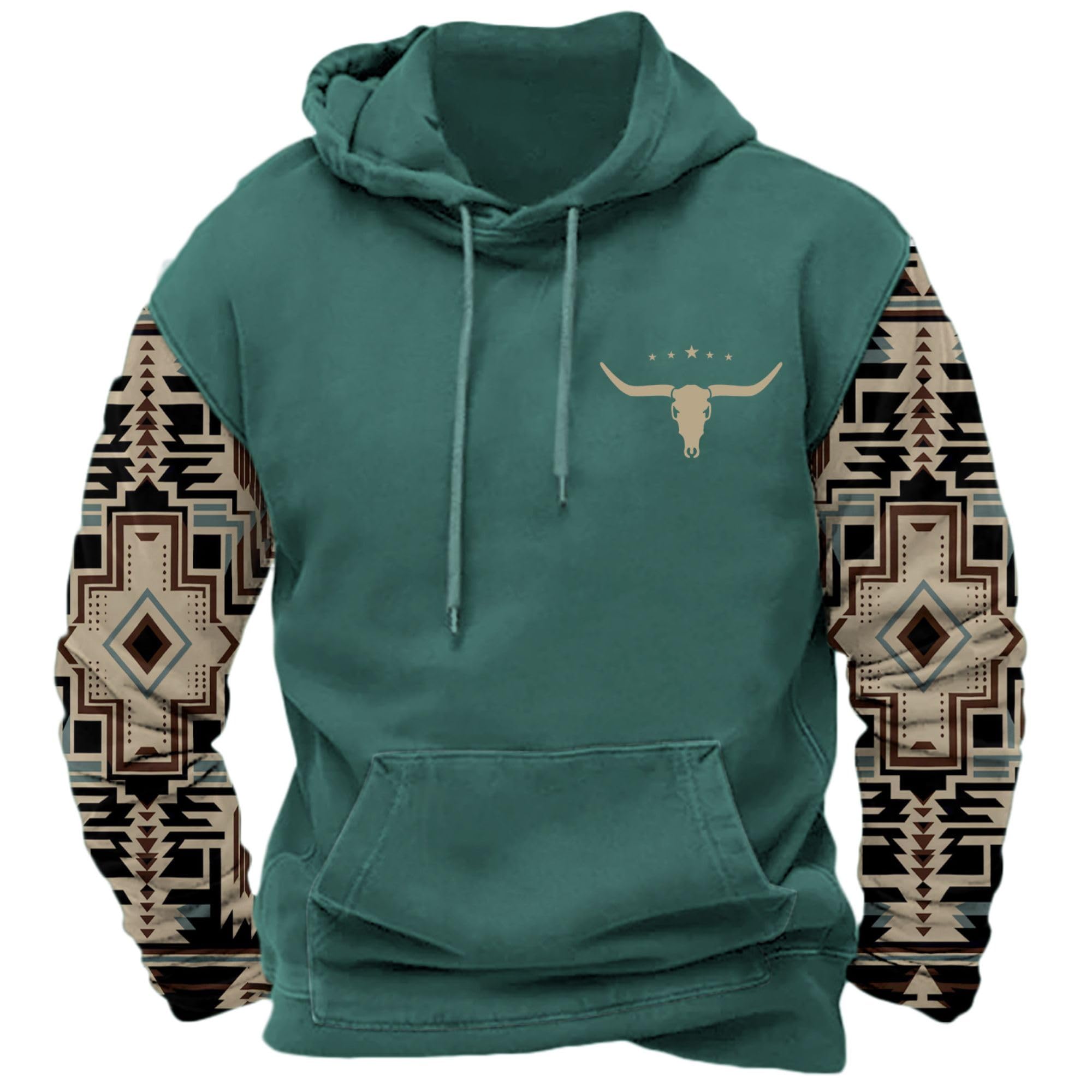 DMOYALA Men's Aztec Cow Skull Hoodie Western Sweatshirt with Hood Vintage Ethnic Tribal Graphic Patchwork Pullvoer