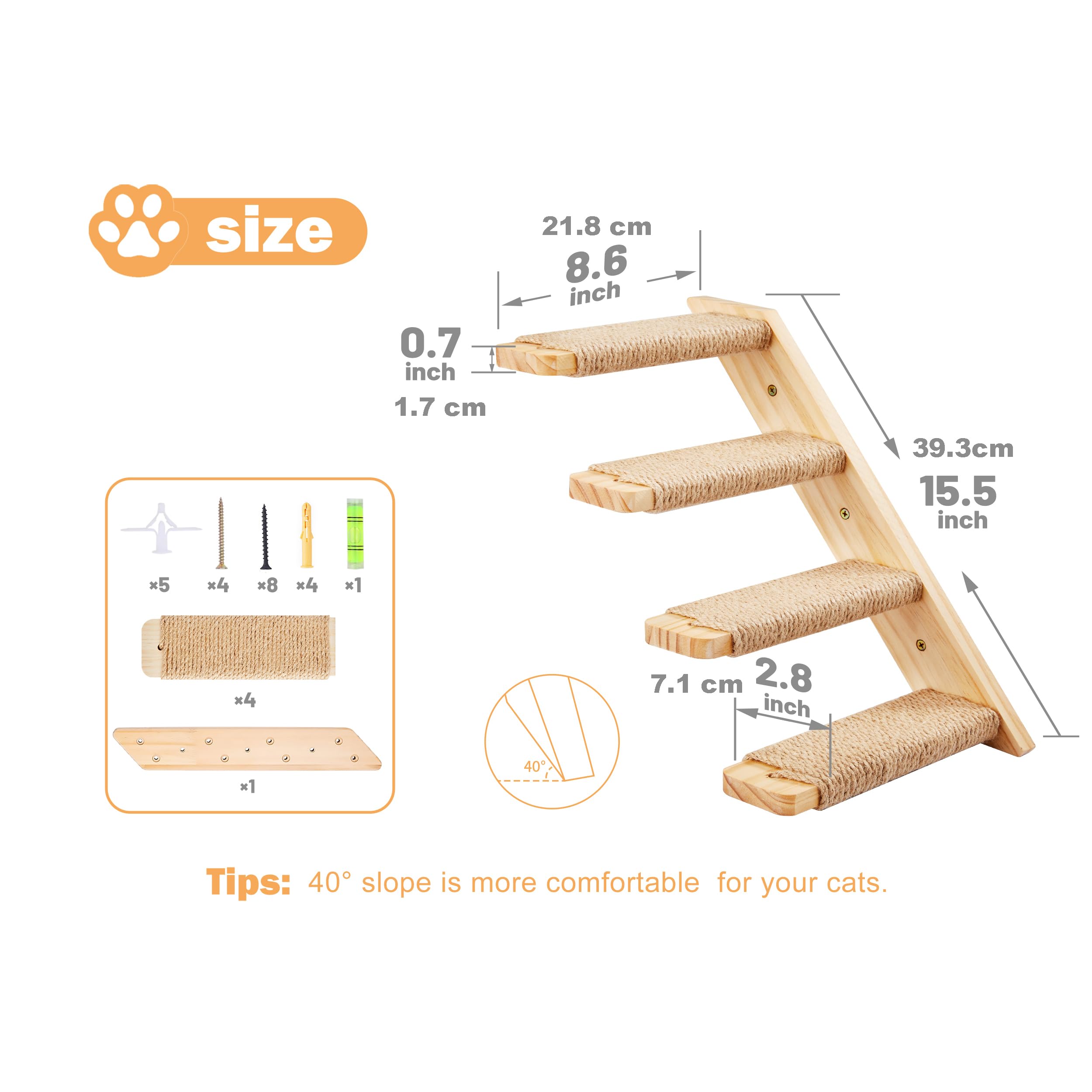 1PC Wall Mounted Cat Climbing Shelf, Wooden Four Steps Cat Stairway Reversible Left & Right Direction with Sisal Rope - Image 2