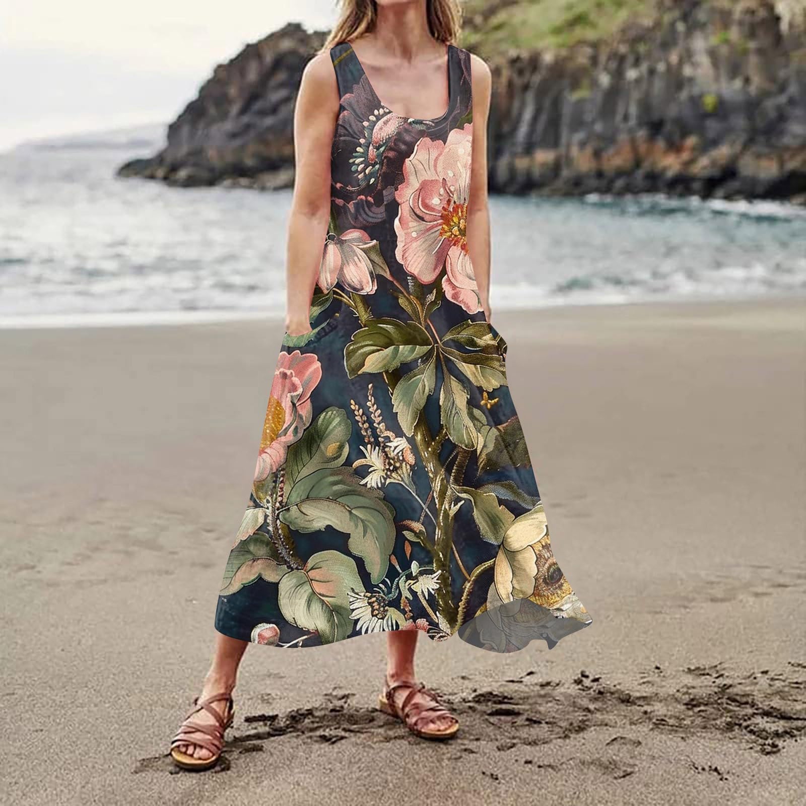 Femme Robe Longue Imprimé Floral Maxi Robe Bohème avec Poches sans Manches Grande Taille Pas Cher Chic éLégant Robe Fluide Tailles S à 3XL