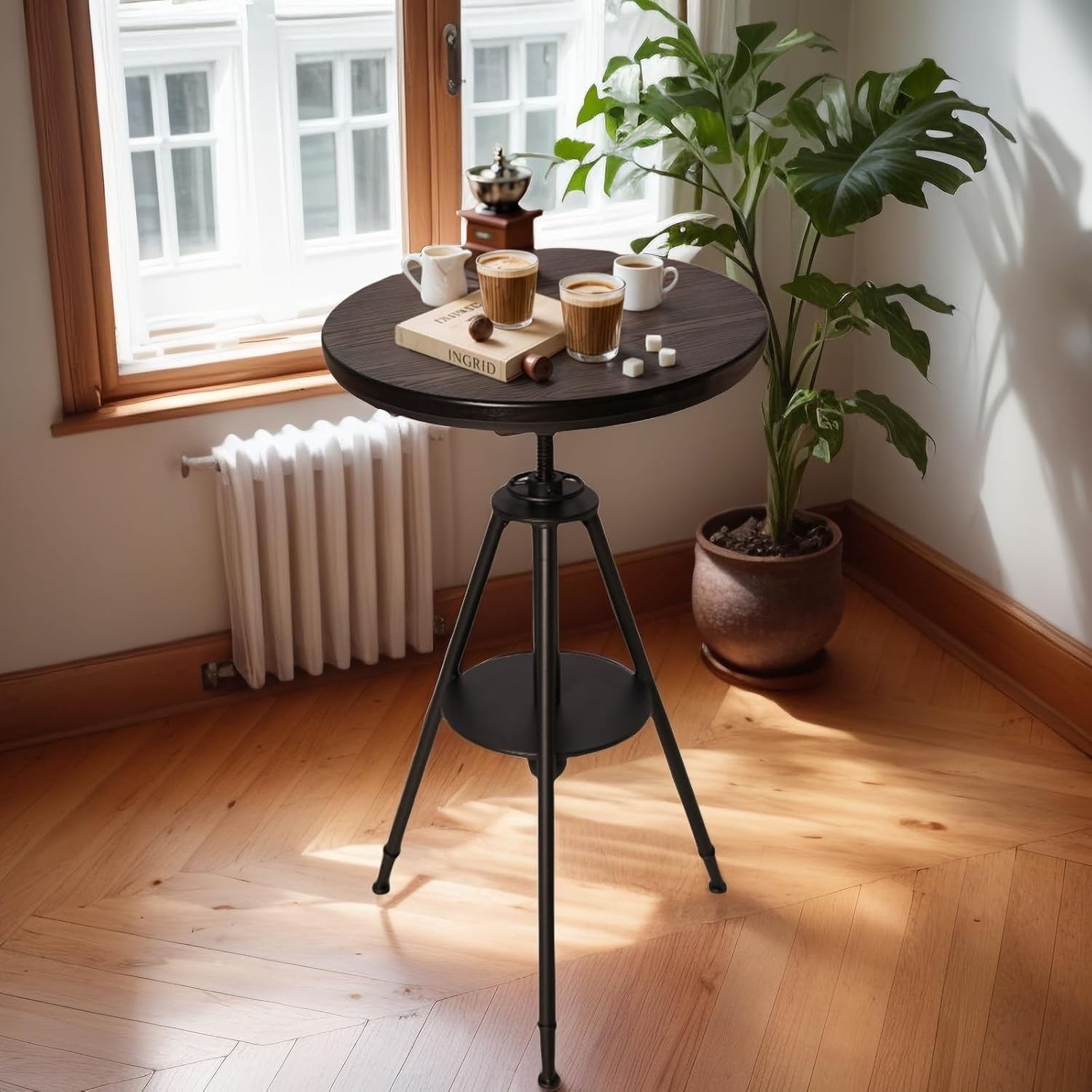 33.46”-39.37” Height Adjustable Bar Table - 23.62" Rotating Solid Pine Wood Round Tabletop - Metal Base with Footrest - Space Saving Furniture Modern Industrial Style - Black