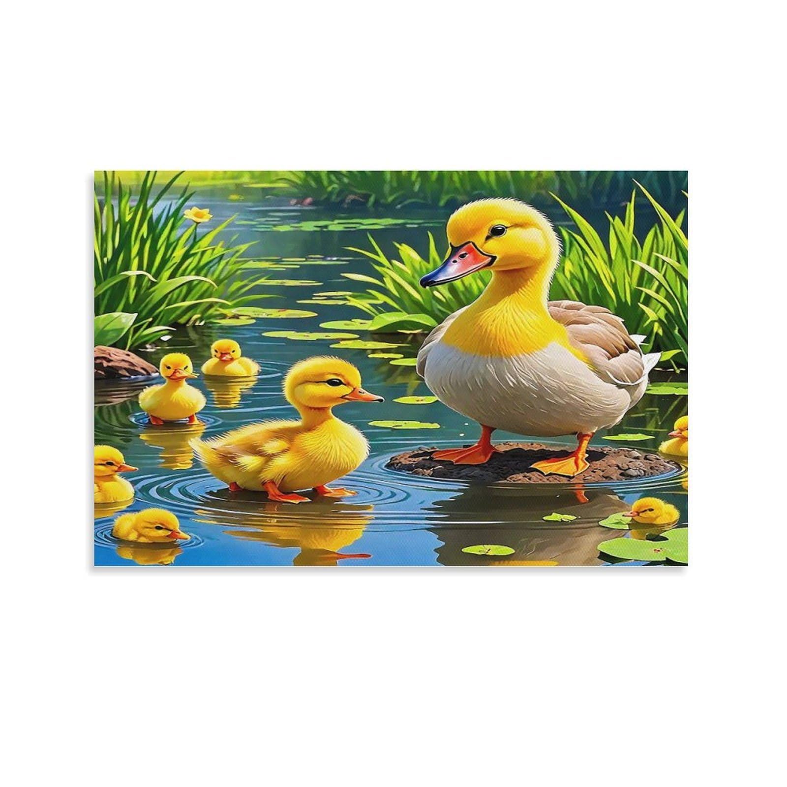 CPLVKWRQJ Cute Duckling Splashing Single Piece Mother Duck Ducklings Lily Pad Stream Canvas Wall Art - Housewarming Gift Bedroom Canvas Painting Ready to Hang Decor 08x12inch(20x30cm)