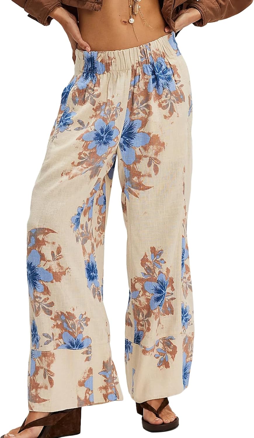 Ainangua Boho Linen Printed Pants for Women Casual High Waist Palazzo Wide Leg Pant Comfy Beach Lounge Pants Trendy Trousers