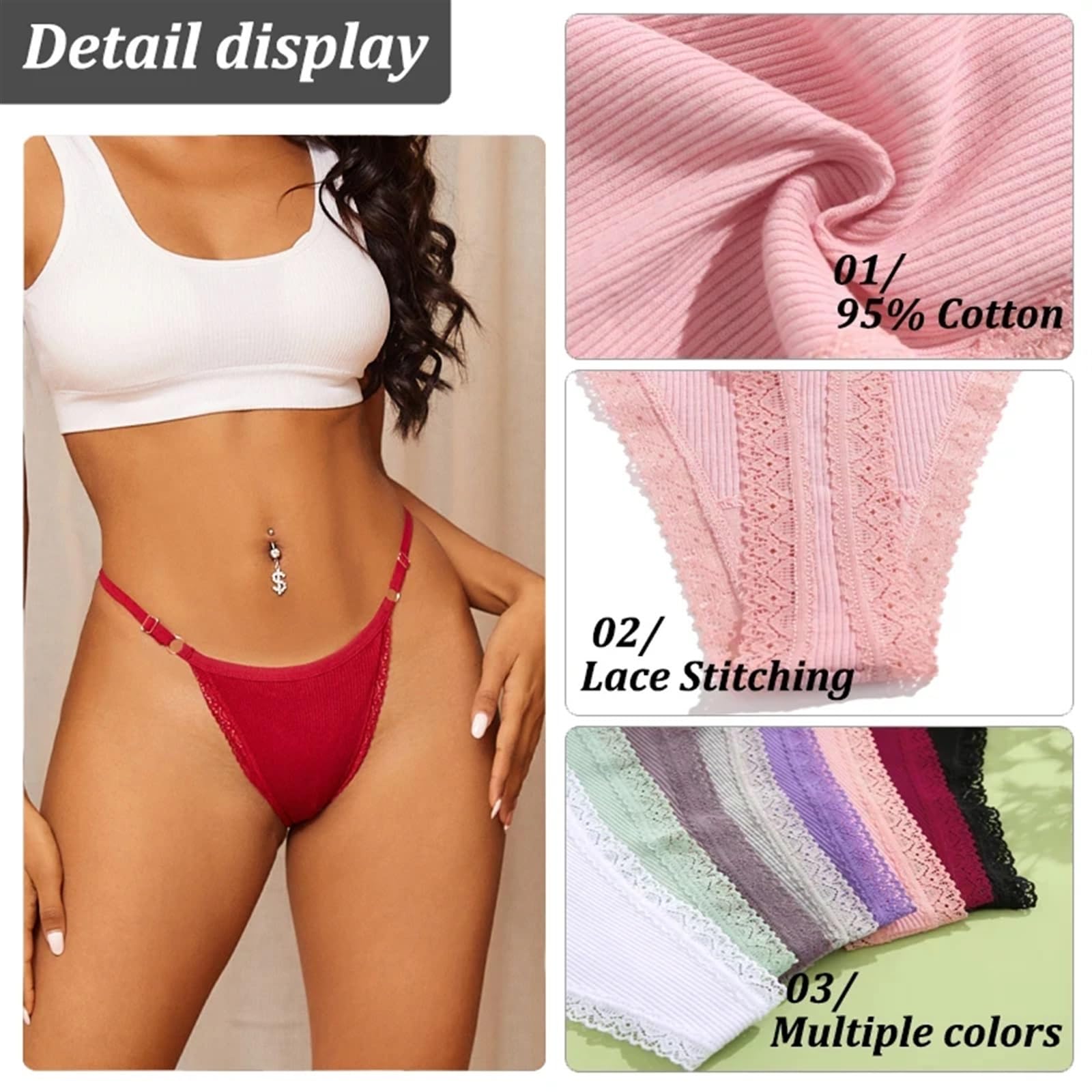 Majtki po kolana 7 sztuk/zestaw seksowne koronkowe bawełniane majtki dla kobiet stringi z niskim stanem regulowane paski w talii stringi miękka bielizna bielizna przewiewna (Color : Set 10, Size : L