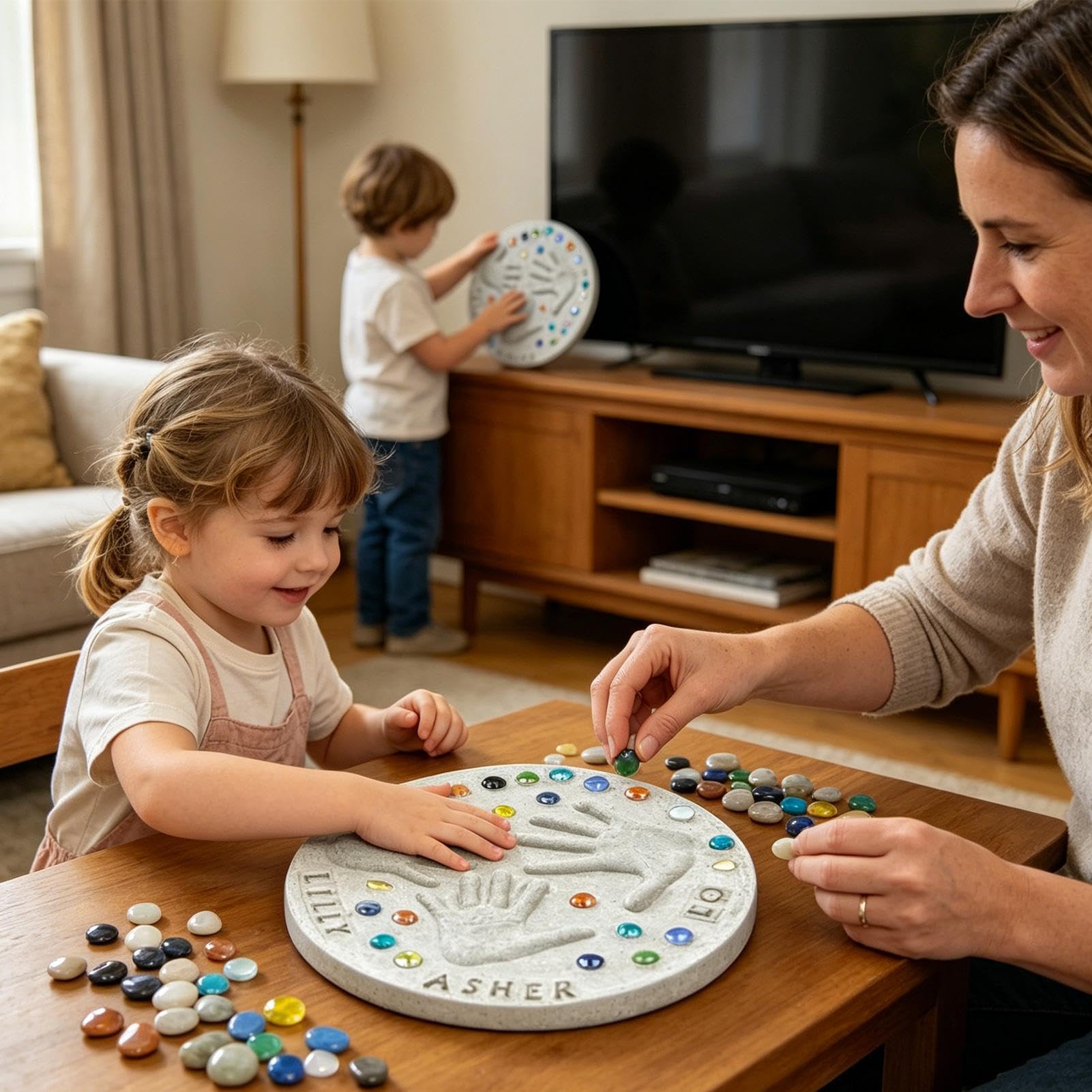 DIY Handprint Stepping Stone Kit, Handabdruck Trittstein Kit Mit 26 Buchstabenstempeln, Gartenstein Set Mit 1 Vorlage Und Farbige Steine, Familienandenken Geschenk Für Muttertag, Geburtstag(14Zoll)