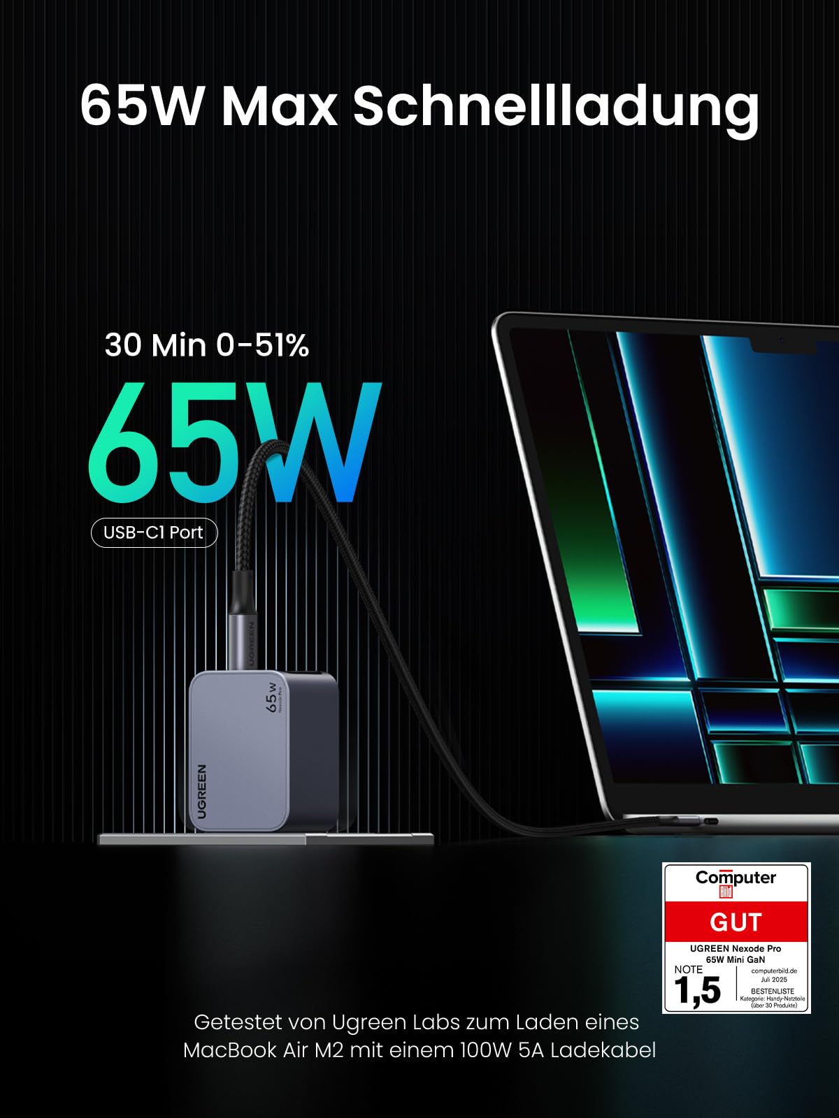 UGREEN Nexode Pro USB C Ladegerät 65W, Mini GaN Charger 3-Port | Schnellladegerät PPS 45W, ideal für unterwegs, kompatibel mit MacBook Pro/Air/Neo, iPad, iPhone 17, Galaxy S25 Ultra,Dell XPS