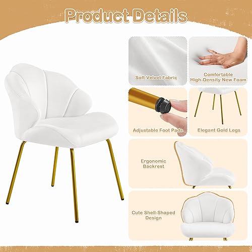 Miniatura 6 de Yaheetech Silla de tocador, silla decorativa de terciopelo con respaldo en forma de concha, sillón moderno con patas de metal dorado para