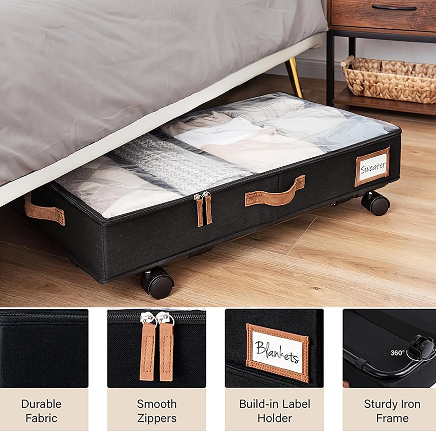 2 Pack Under Bed Storage on Wheels, Underbed Containers Boxes, Clear PVC Lid Underbed Storage, Under-bed Drawer Organizer for Shoes Blankets,White