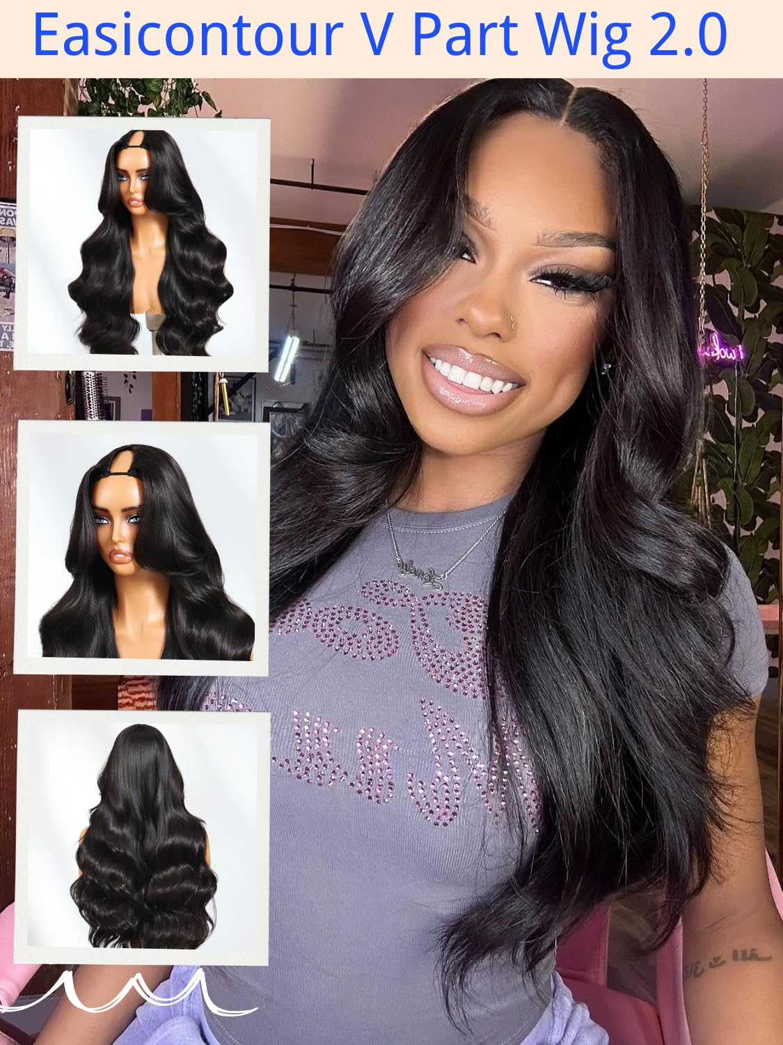 Nadula Yaki Wavy V Part Drawstring Wig Human hair with Blow Out Bangs, Glueless EasiContour Vpart Wigs No Leave Out Beginner Friendly Clip In V Shape Wigs Upgrade Wavy U Part Wig 150% Density 24inch