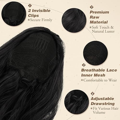 Miniatura 4 de BARSDAR Extensión de cola de caballo con cordón, extensiones de cabello corto ondulado negro de 16 pulgadas para mujer, extensiones de cabello