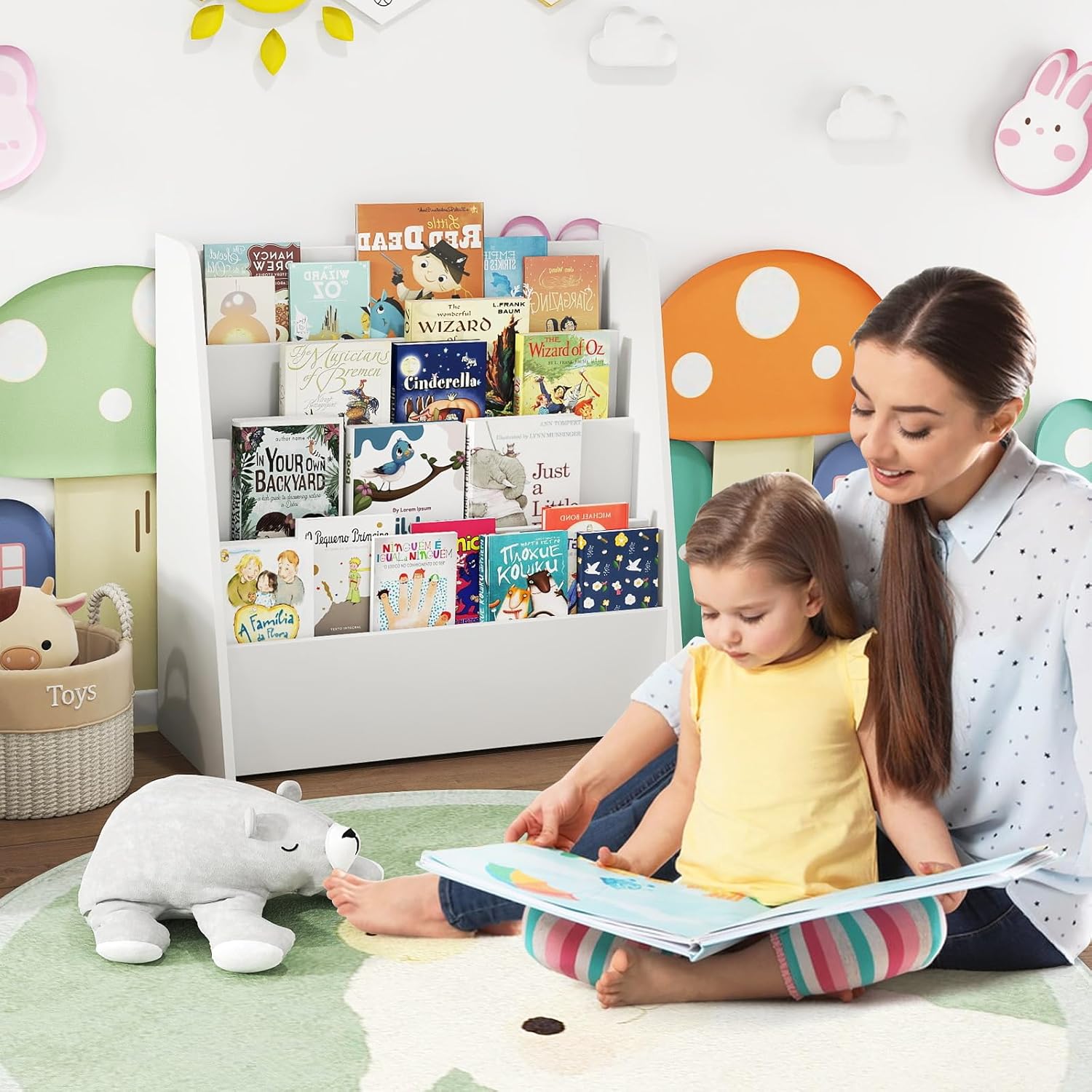 HONEY JOY Kids Bookshelf, 4-Tier Wooden Toddler Bookcase, Children Book Rack & Magazine Display Shelf, Toy Storage Organizer, Book Shelf for Kids Rooms, Playroom, Nursery, Classroom (White)