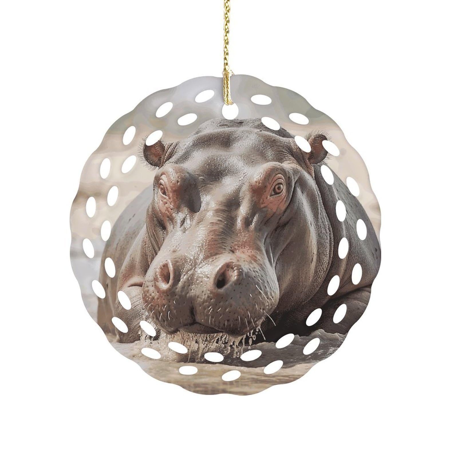 Btcowzrv Style Hippopotamus In Water Ceramic Ornament,Round Ornaments With Hole Easy To Hang,Hanging Ornament For Wedding Party Home Window Garden Christmas Day Decor