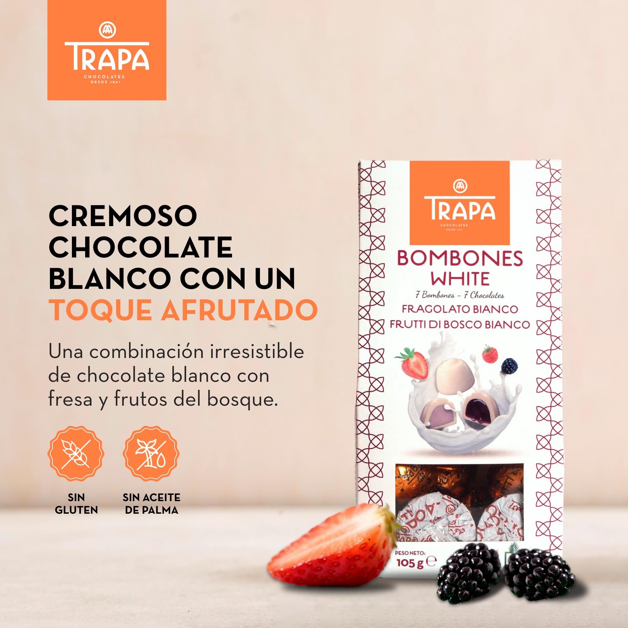 TRAPA | Surtido de Bombones de Chocolate Blanco | Caja de 2 Sabores, 105 g | Sin Gluten y Sin Aceite de Palma