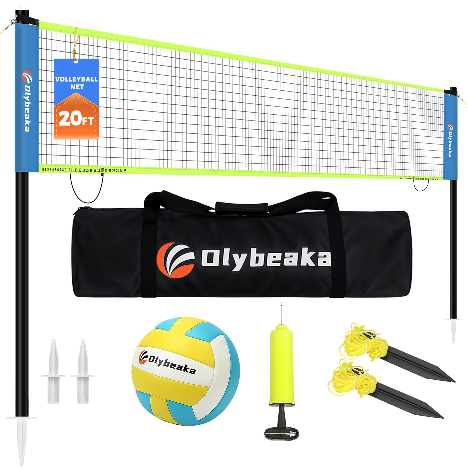 20FT Outdoor Volleyball Net Set System for Backyard Beach with Anti-Sagging Net, Iron Adjustable Height Poles, Soft PU Volleyball and Pump, Carry Bag