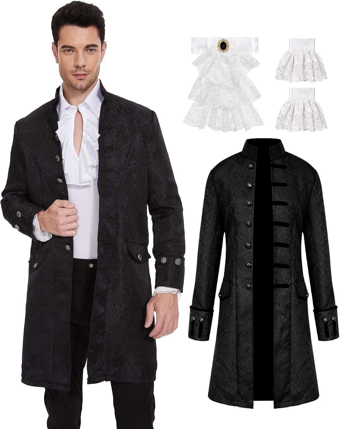 Men Vintage Steampunk Tailcoat Jacket Gothic Medieval Victorian Frock Coat with Renaissance Jabot Set for Cosplay