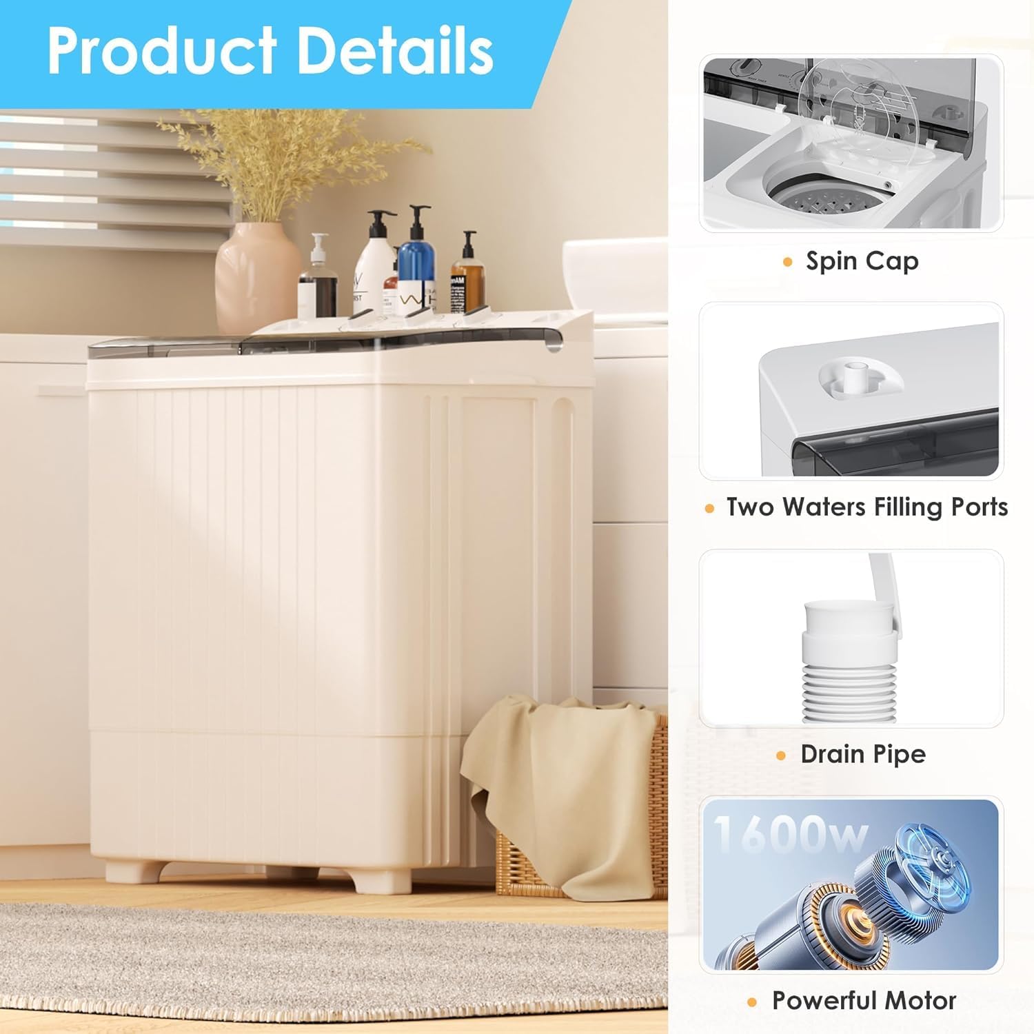 28lbs Portable Twin Tub Washing Machine & Spin Dryer Combo-Silver Ion Deep Cleaning, Dual Timer Control, Gentle/Normal Modes, Mini Laundry for Apartment, Dorm, RV, Camping (Grey)