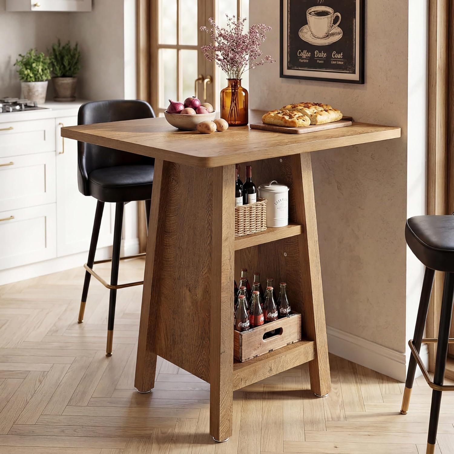 Tribesigns Bartisch quadratisch mit 3 Ablagen, 90cm hoher Stehtisch mit Regal, moderner Bistrotisch für Küche & Esszimmer, kleiner Küchentisch für 2-4 Personen, platzsparender Pub-Tisch, Vintage Braun