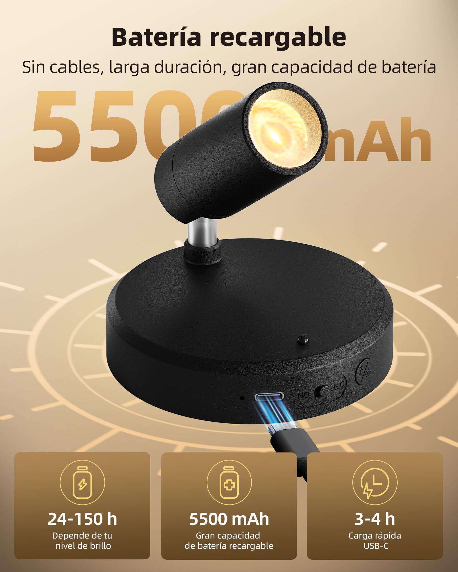 EZVALO Foco LED Inalámbrico 5500 mAh con Mando a Distancia y Temporizador, 3 Temperaturas de Color, Negro (2 Pieza)