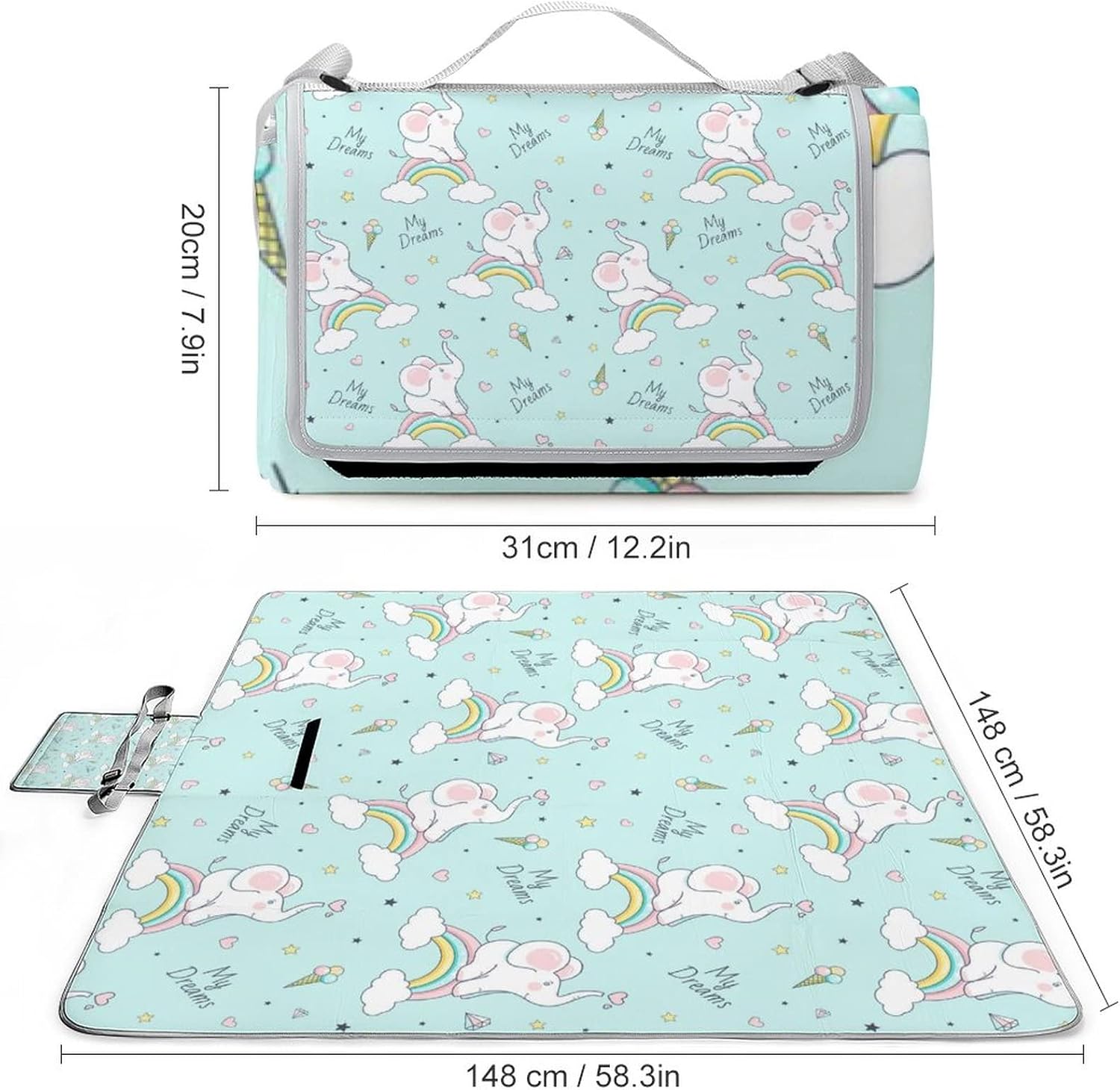 Cute Elephant Soft Waterproof Folding Picnic Blanket Cartoon Rainbow Girl Baby Elephant Ice Cream Diamond Design for Outdoor Picnics, Beach, Camping 58.3x58.3 Inch