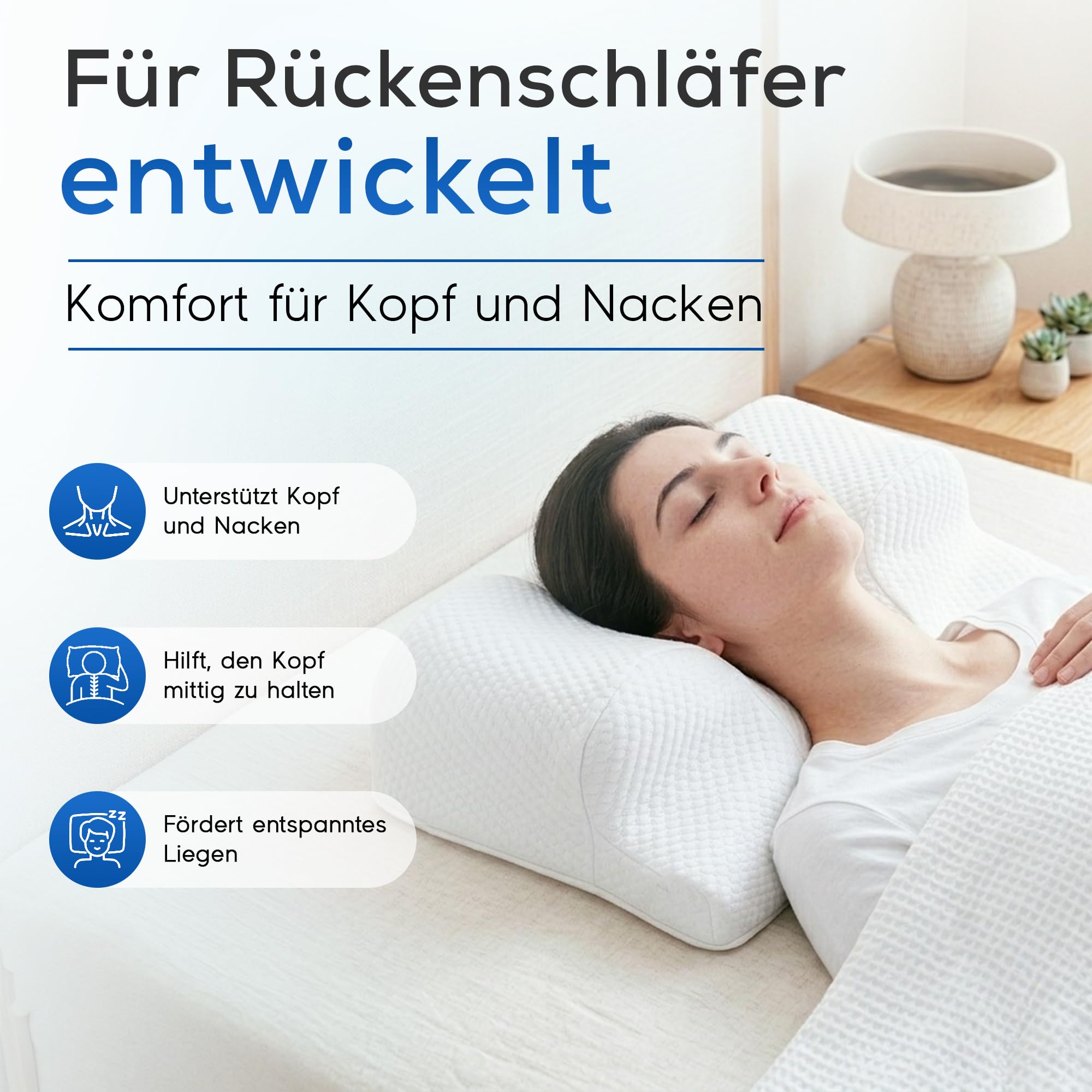 RelaxSleep Rückenschläferkissen Premium, ergonomisches Anti-Falten Kissen für stabile Rückenlage, nach Haartransplantation, Nasen-OP, Brust-OP, Botox & Beauty