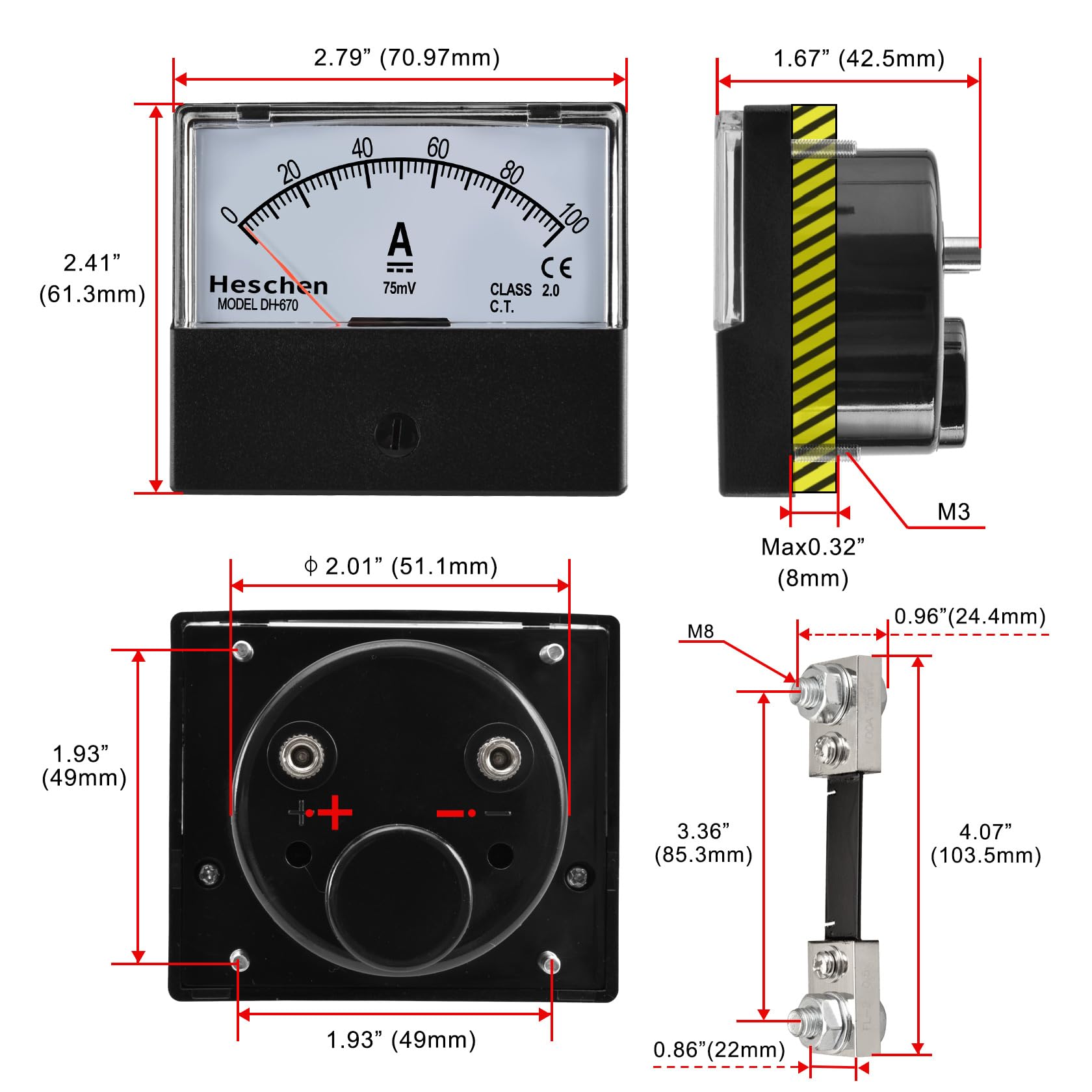 Heschen Misuratore di corrente rettangolare, amperometro, tester DH-670 DC 0-100 A, 75 mV, classe 2.0 con shunt