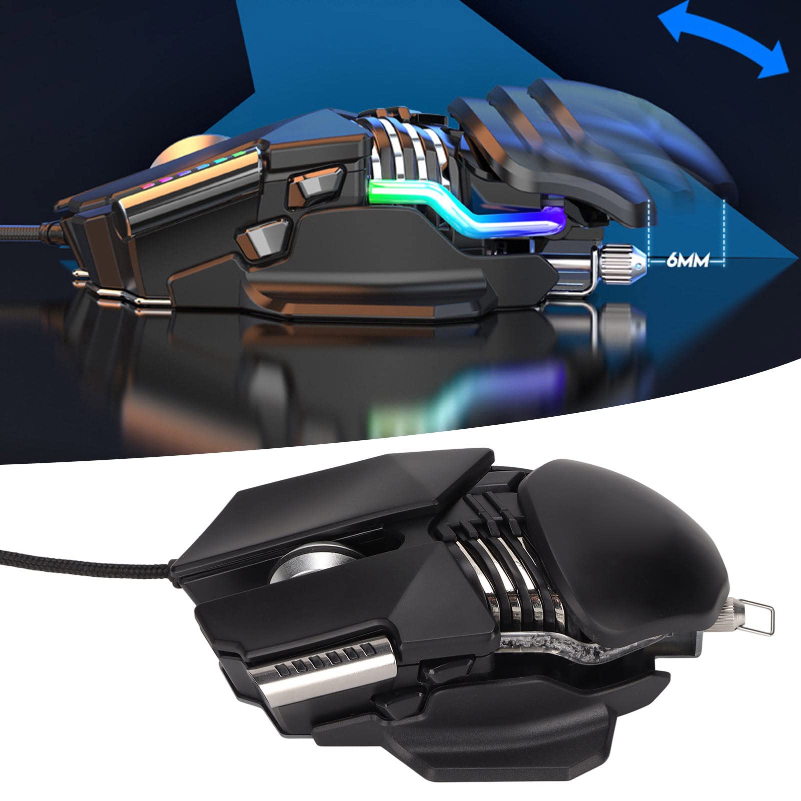 Ratón de Juego, 12800 Ppp Ajuste Retráctil Iluminación Refrigerada por Agua RGB Ratón con Cable Rodillos Galvanizados Base de Metal Cepillado. Ratones para Juegos de PC con Clave de Ciclo Base DPI