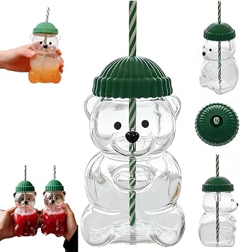 Cute Bear Glass Cup,Clear Bear Straw Cup,Glass Bears Cup with Lid and Straw,Bears Shaped Glass Cup,Cute Mugs for Coffee Drinks,Milk Tea