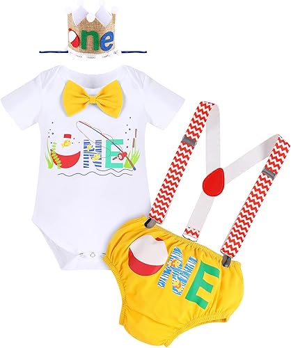 Miniatura 7 de Traje de pesca para el primer cumpleaños para bebés y niños, mameluco con corbatín + pantalones cortos + tirantes + sombrero pastel Smash juego de