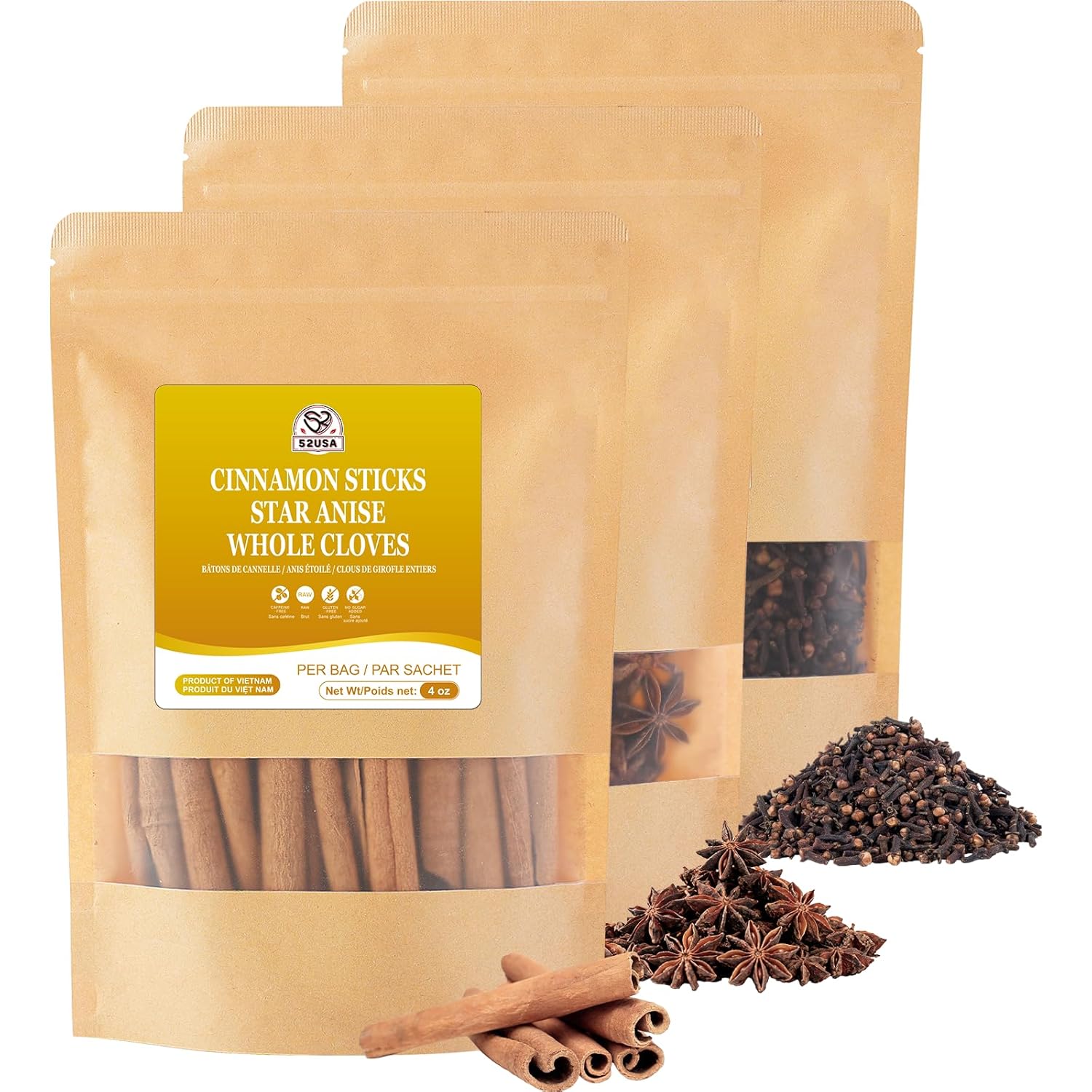 52USA Cinnamon Sticks, Star Anise, Whole Cloves - 4oz Each, All Natural Spice Set, No Preservatives, Perfect Kitchen Refill, Spice Gift Set