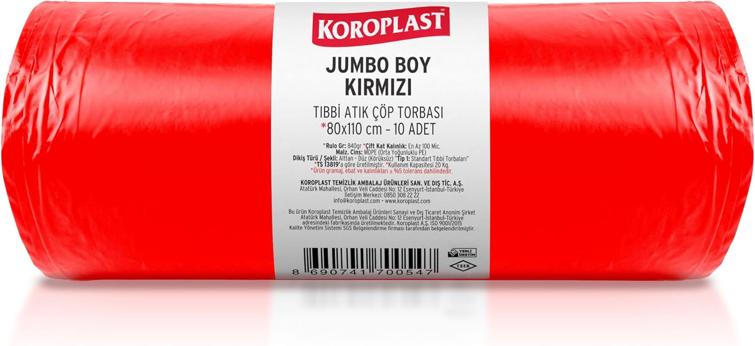 Büzgülü Tıbbi Atık Poşeti Jumbo Boy 80x110 cm 10x10'lu Sızdırmaz Yırtılmaz Profesyonel Çöp Poşeti, Geri Dönüştürülebilir Kolay Bağlanır Tıbbi Atık Torbası, Hastane, Klinik Büzgülü Çöp Poşeti