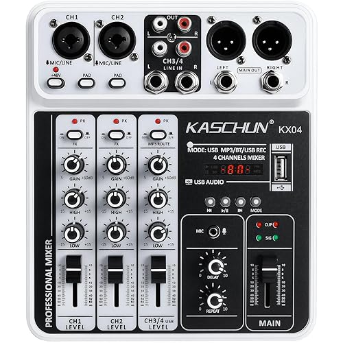 Professional DJ audio mixer, 4-channel DJ mixer, Bluetooth sound mixer, supports USB/MP3/BT computer input, 48V phantom power stereo studio audio mixer suitable for DJ studio streaming recording