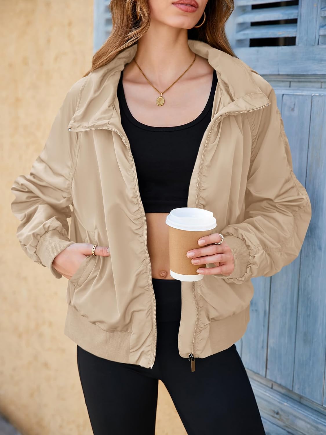 Fisoew Womens Windbreaker Crop Jackets Long Sleeve Zip Up Hidden Hooded Winter Bomber Jacket with Pockets image 3