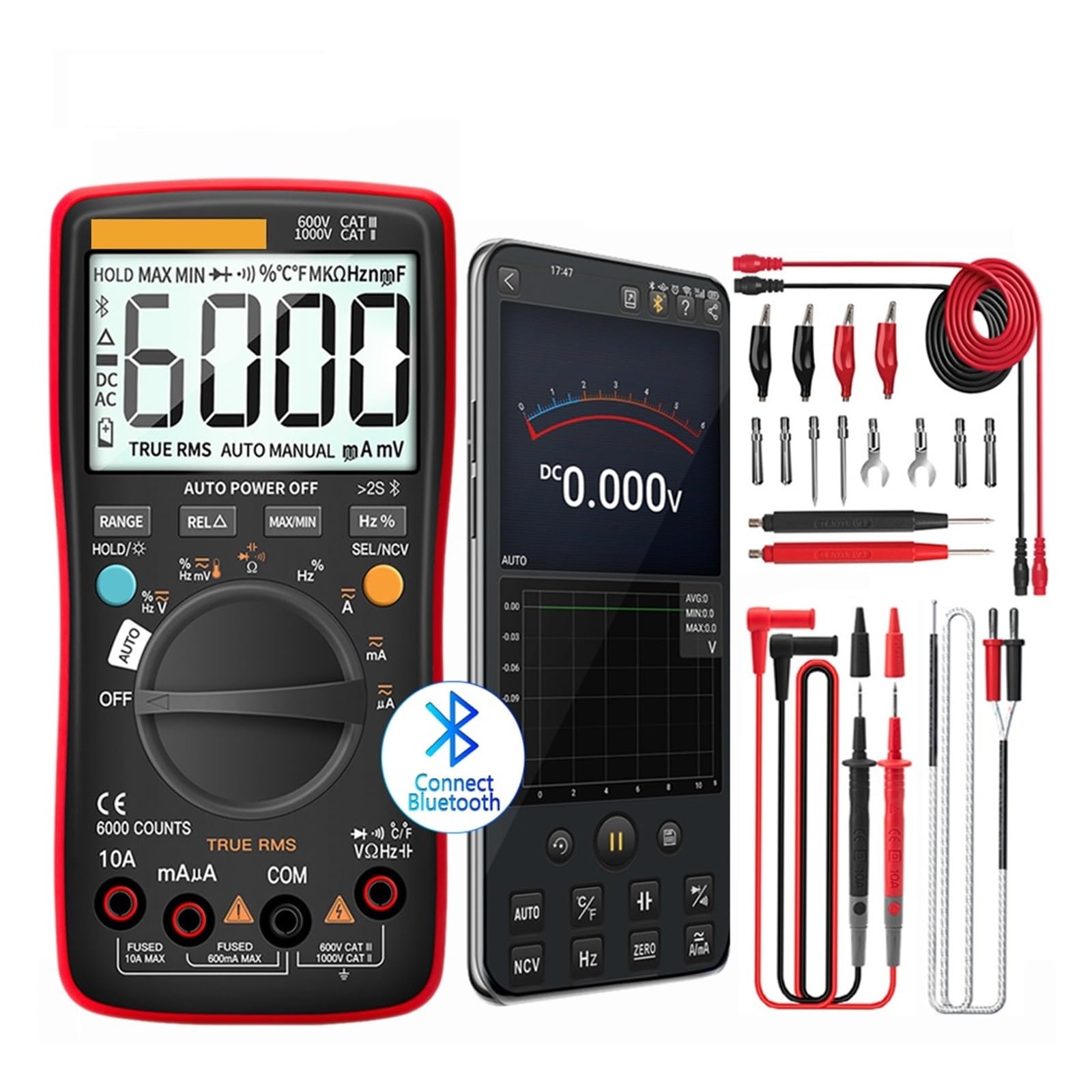 Multimetr Cyfrowy Bluetooth 6000 Liczy Profesjonalny MultimetroTrue Tester Napięcia Prądu AC/DC Auto-Range Bezpieczny, Praktyczny, DokłAdny(Blue)