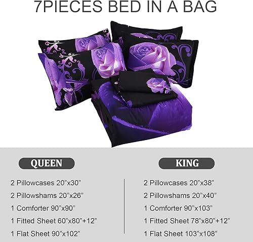 Miniatura 7 de Xruibed Juego de edredón floral tamaño King de 7 piezas en una bolsa, edredón de flores de rosas moradas con juego de sábanas de microfibra suave (1