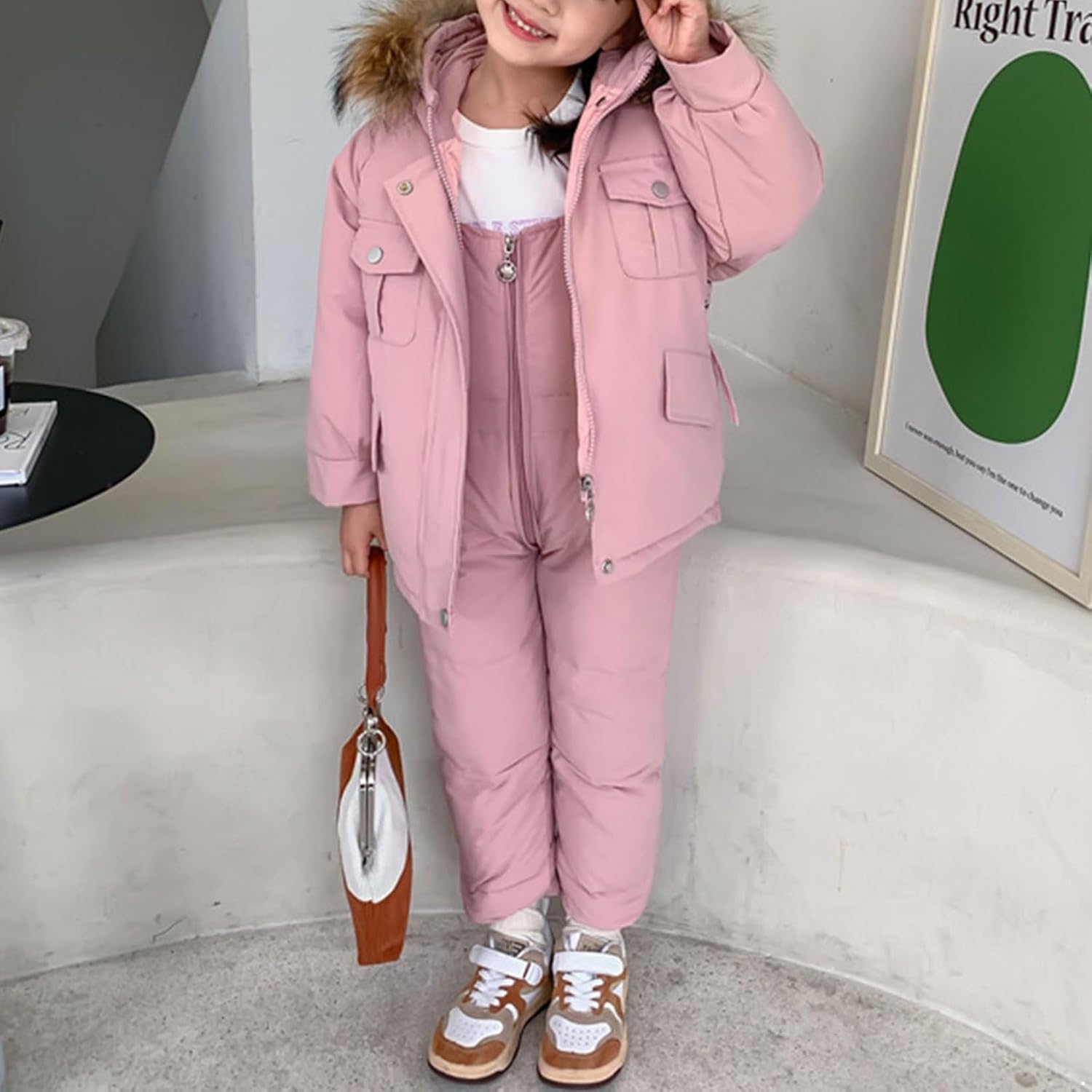 Baby Toddler Girls Snowsuit Snow Suspender Pants & Jackets Coat Winter Ski Suit