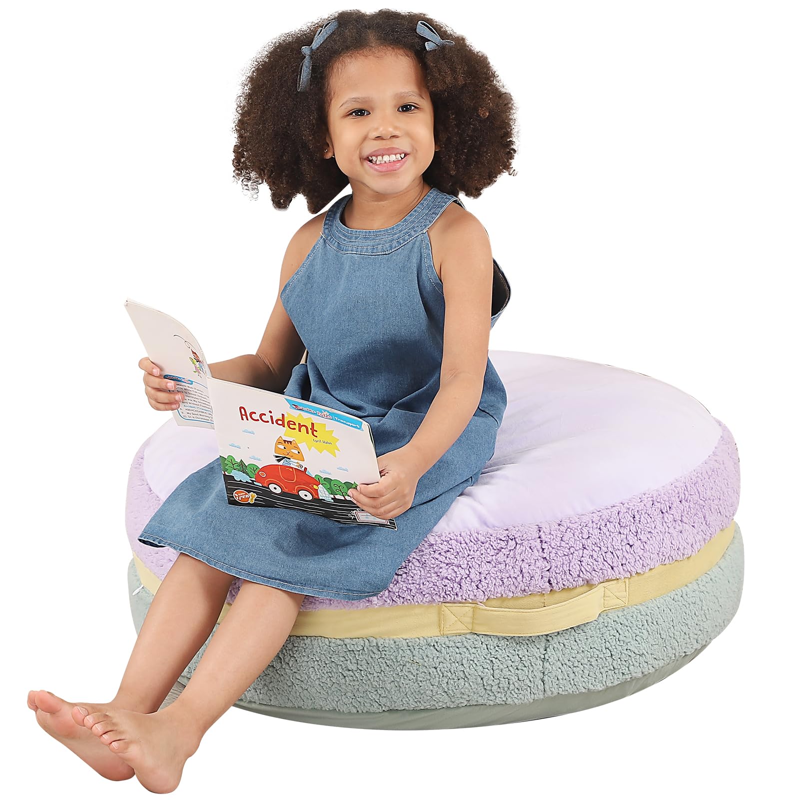 MOMCAYWEX Macaron Bean Bag Chair for Kids and Teens, Comfy Sherpa Pouf Ottoman for Kids and Adult, 27.5"×27.5"×13.5", Purple and Green