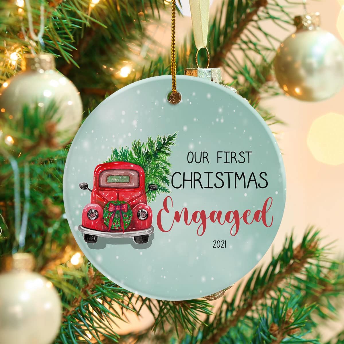 Our First Christmas Engaged 2022, Personalized Name Newly Married Ceramic Ornament, Custom Photo Ornament, Gifts for Lover, Couple, Customized Gift for Family, Xmas Tree Ornaments Hanging
